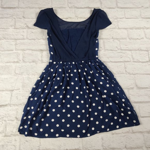 Abercrombie Fitch Womens Mini Dress Sheer Plunge Back Blue White Polka Dot sz S - Picture 2 of 11